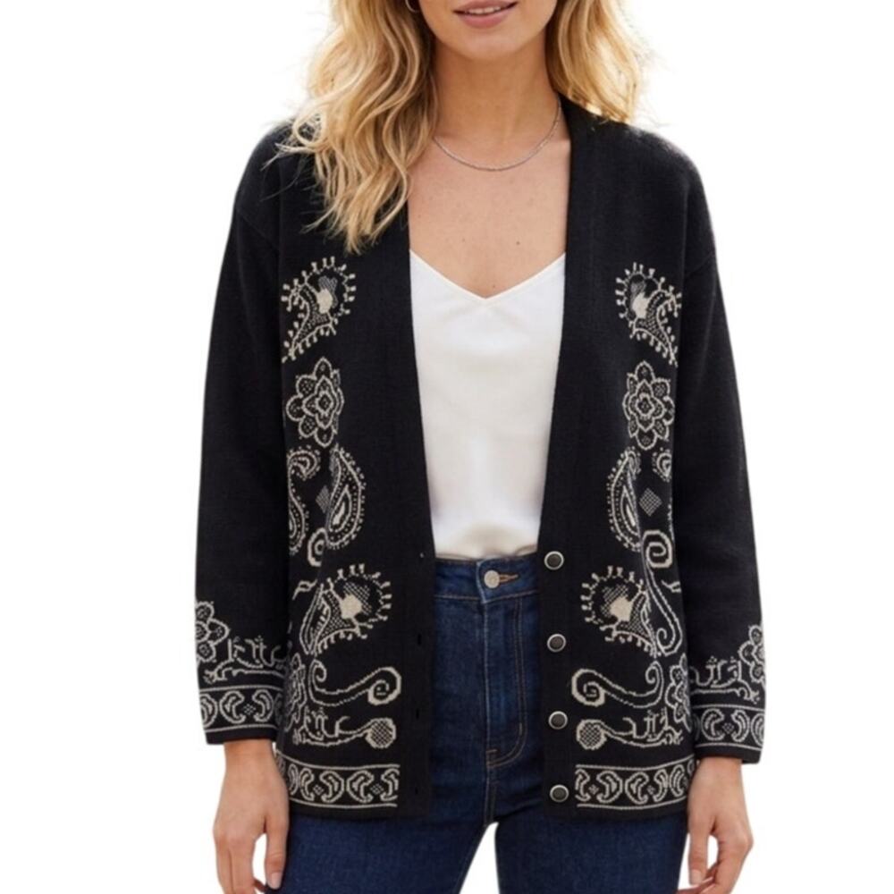 Pendleton Vintage 100% Virgin Wool Cardigan Womens Large Black Paisley Button